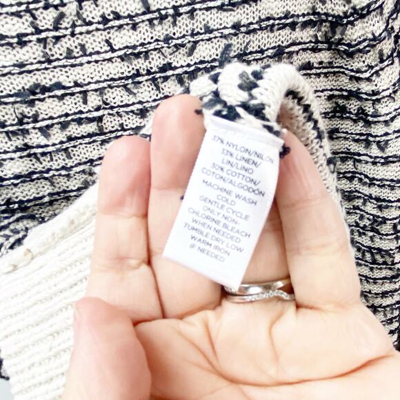 LOFT Medium Womens Black Ivory Cream Striped Speckle Fringe Pullover Knit Top - Picture 5 of 7